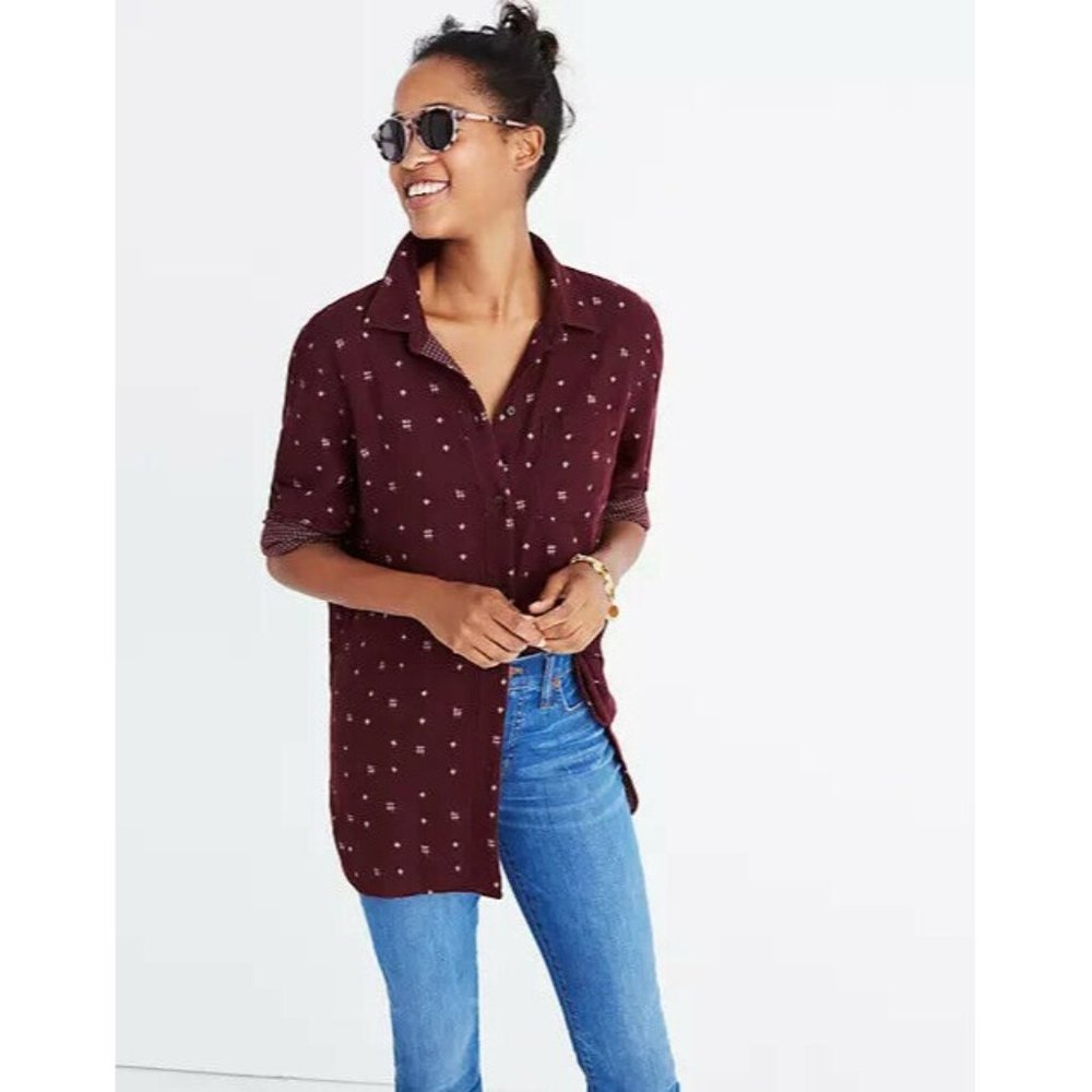 MADEWELL Shirt Womens Size XS Classic Ex-Boyfriend Button Front Ikat Burgundy